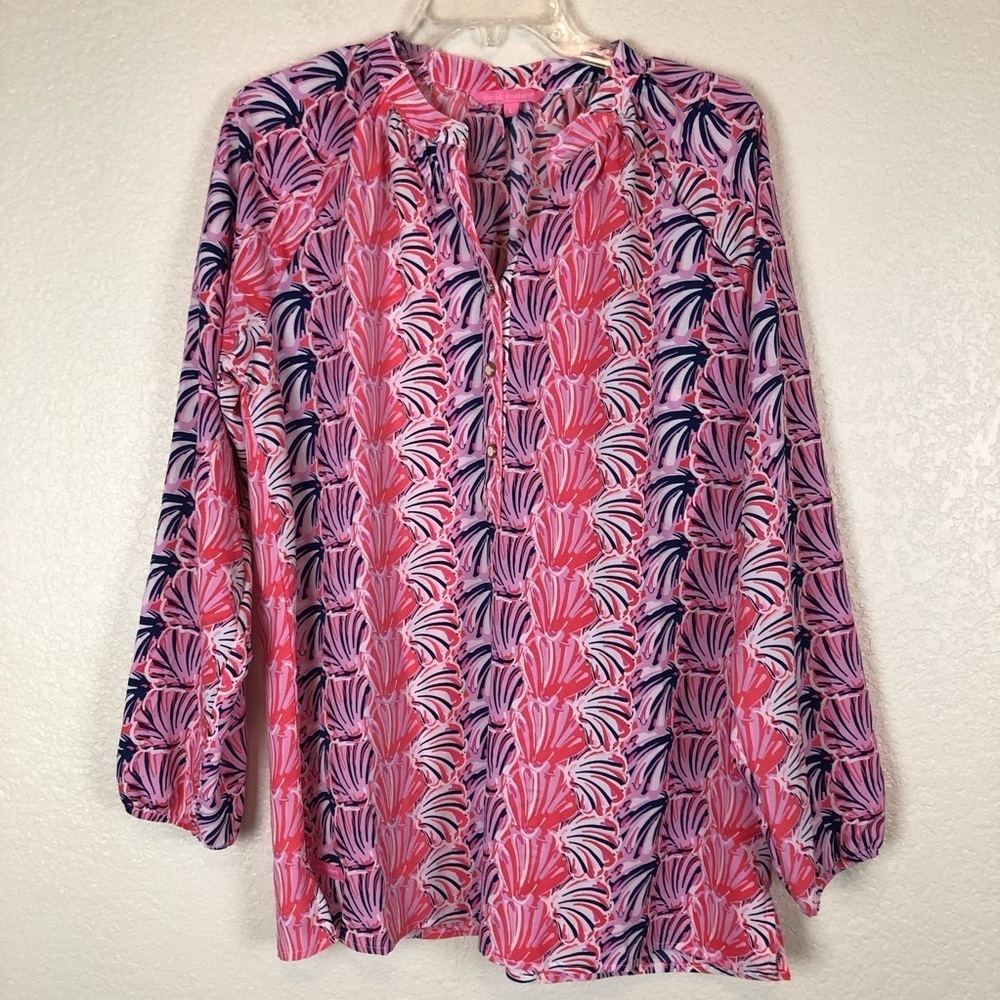 Simply Southern Women's Peasant Blouse Pink Blue Seashell Print size Large